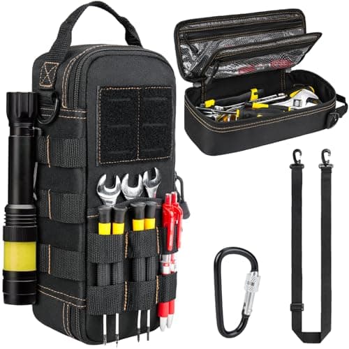 Image of Heavy Duty Small Tool Bags for Men with Carabiner,Tactical Tool Pouch Bag,Portable Utility Tools Storage Organizer Case with Shoulder Strap for EDC,Motorcycle,Camping, Road Trip, Electricians,Black