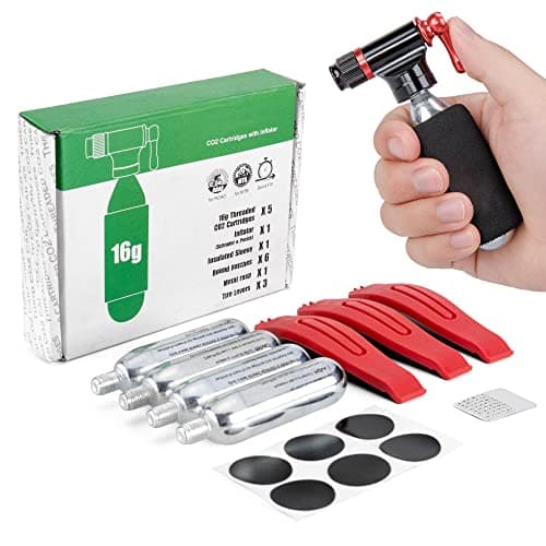 Image of Kadacha CO2 Inflator Kit with 5 X 16g CO2 Threaded Cartridges- Presta & Schrader Valve Compatible -Portable CO2 Bike Tire Pump Come with Glueles Repair Kit for Road & Mountain Bike
