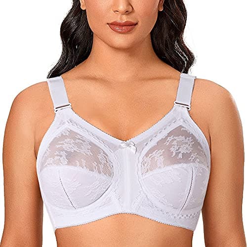 Image of Ayigedu Ladies Plus Size Bra Minimiser Lace Full Coverage Firm Hold Non Padded Non Wired 40G White