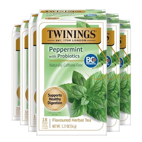 Image of Twinings Superblends Peppermint with Probiotics Herbal Tea, Caffeine Free, 18 Count (Pack of 6), Enjoy Hot or Iced Packaging May Vary