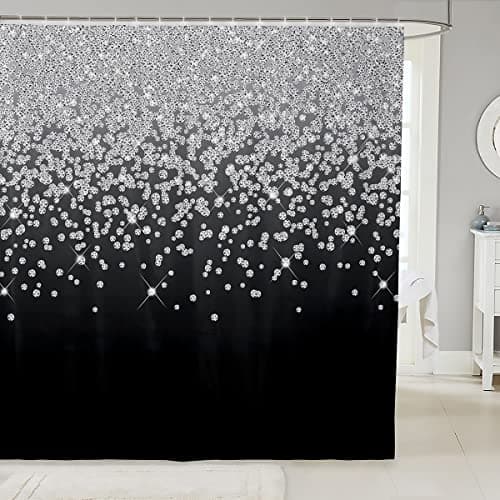 Image of Loussiesd Silver Glitter Bath Curtain (No Glitter) Bling Partyations Shower Curtain Diamond Black Bathroom Fabric for Stalls Bathtubs Waterproof Curtains Stalls Bathtubs 72x72 Inch