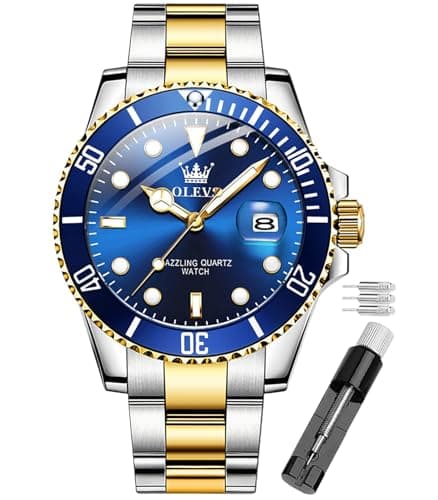 Image of OLEVS Watch for Men Waterproof Blue Dial Mens Dress Watches Luxury Two Tone Stainless Steel Wrist Watch with Day Date, Fashion Classic Classic Sports Quartz Watch Big Face…