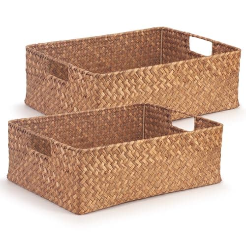 Image of Woodluv Storage Basket Set of 2, Basket for Shelves, Rectangular Hand Woven Storage Wardrobe Organiser, Hamper Baskets, Brown