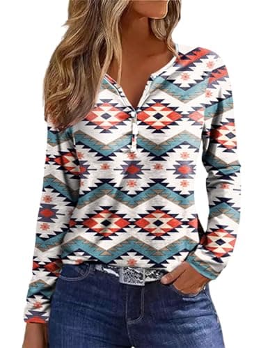 Image of Bellelily Womens Long Sleeve T Shirts Aztec Cow Print Western Henley Tops Ladies Graphic Tees Casual V Neck Loose Fit Blouse, Aztec Button, XL