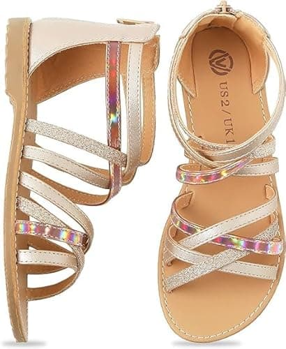 Image of FUPPIA Girls Sandals Princess Open Toe Strappy Sandals Zipper Gladiator Flats Sandals Summer Flat Shoes Gold 1