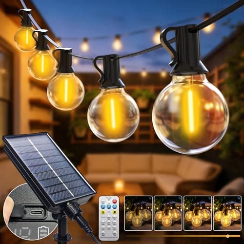 Image of btfarm 20M/65FT Solar Festoon Lights Outdoor with Remote, 25+2 LED Garden String Light USB & Solar Powered G40 Shatterproof Bulb, Waterproof Dimmable Hanging Lighting for Outside Gazebo Fence Wedding