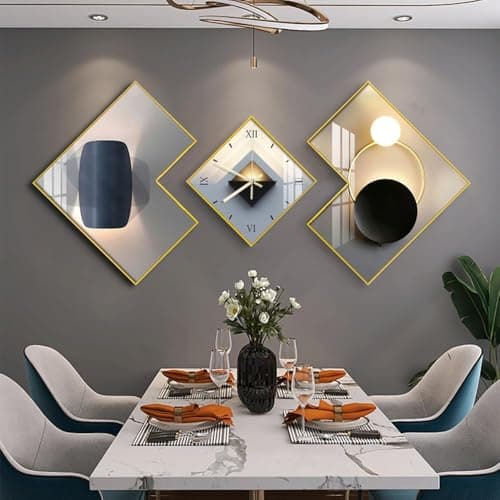 Image of Homary 3-Piece Modern Geometric Wall Clock Set, Canvas Painting Wall Clocks Gold Frame Canvas Art for Living Room, Bedroom & Dining Room