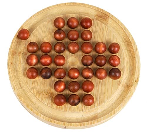 Image of TOWO Wooden Solitaire Game –Peg Solitaire Puzzle Toy - Classic Board Game Marble Chess Mind Game 22.5CM 8.8” Round Board with Wooden Balls One Player Gameplay Brainteaser Puzzle