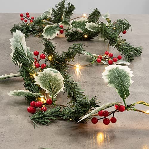 Image of GloBrite 2M Berry & Leaf Christmas Garland with 20 Led Lights - Battery Operated Xmas Garland for Indoor Décor, Stairs, Doorways & Fireplace, Versatile Christmas Decorations