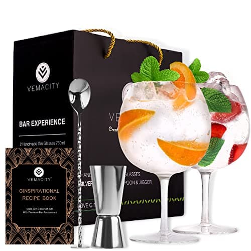 Image of Vemacity Crystal Gin Glasses Set of 2 (550ml) | Crystal Gin Glass Gifts for Women with Silver Cocktail Spoon, Measure | Aperol Spritz Gift Set & Cocktail Glasses | Ideal for Gifting