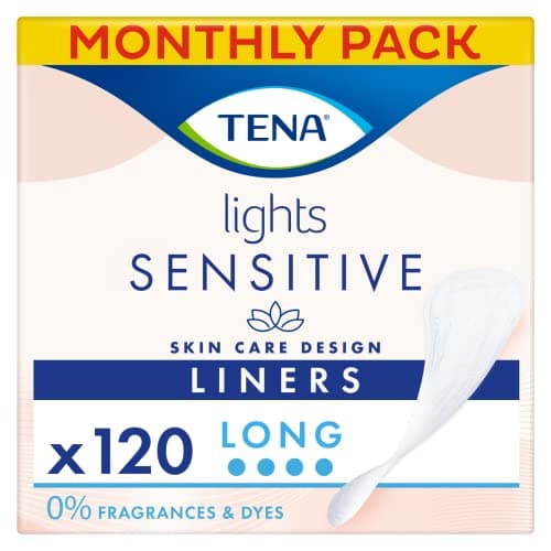 Image of TENA Lights Long Liner, 120 Incontinence Pads (20 x 6 Packs) for Women with Sensitive Skin, Breathable and Odourless Inner Lining for Light Bladder Weakness and Incontinence
