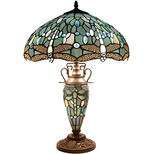 Image of WERFACTORY Tiffany Table Lamp Sea Blue Stained Glass Dragonfly Style 16X16X24 Inches Mother-Daughter Vase Desk Reading Light Decor Bedroom Living Room Home Office S147 Series