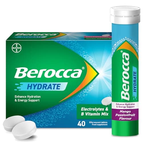 Image of Berocca Hydrate - Electrolytes for Fast Hydration & B Vitamins, Enhance Hydration & Energy Support, Food Supplement with Natural Mango Passionfruit Flavour, Effervescent Tablets (40 Tablets)