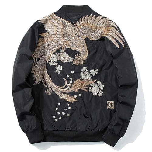 Image of XYXIONGMAO Phoenix Hand Embroidery Personality Japanese hip hop streetwear windbreaker Flight Black Bomber Tactical Jacket, Gold, M