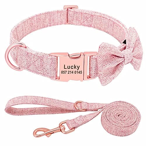 Image of PET ARTIST Personalized Girl Dog Collars with Detachable Bowtie - Soft & Comfy Cute Dog Collar and Leash Set with Rose Gold Buckle - Adjustable Bowtie Collars for Small Medium Large Dogs,Pink,M