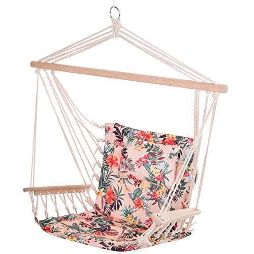 Image of Outsunny Garden Outdoor Hanging Hammock Chair Thick Rope Frame Wooden Arms Safe Wide Seat Garden Outdoor Spot Stylish Multicoloured floral
