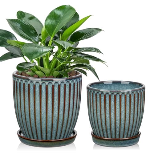 Image of Oairse Set of 2 Ceramic Plant Pots 13CM 15CM Blue Ceramic Planter with Drainage Holes and Saucers Decorative Stripe Plant Pots Indoor Modern Flower Pots for Succulent Cactus Orchid House Plants