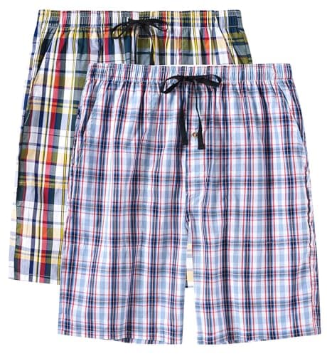 Image of MoFiz Men's Pyjama Bottoms 100% Cotton Checked Pyjama Shorts Plaid Cotton Lounge Pants Sleep Shorts 2-Pack Size M