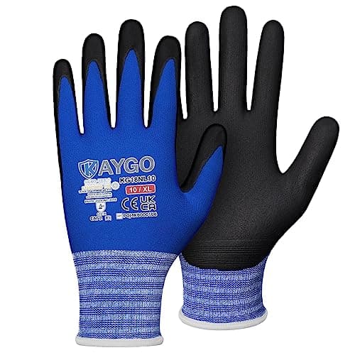 Image of KAYGO Safety Work Gloves MicroFoam Nitrile Coated 3 Pairs, KG18N, Seamless Knit Nylon Glove with Abrasion and Oil Resistant Grip, Ideal for General Purpose, Automotive, DIY (X-Large, Blue)