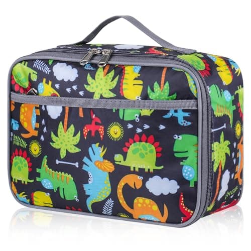 Image of TIECHI Insulated Lunch Bag Kids, Thermal Reusable Small Lunch Bag for Boys & Girls, Water-Resistant Leakproof Cool Bag Lunch Box Bag for School, Picnic, Outdoor (Black Dinosaur)