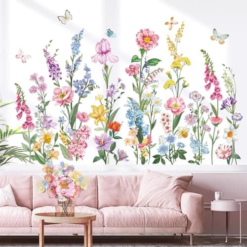 Image of wondever Garden Flower Wall Stickers Wildflower Iris Daisy Floral Butterflies Peel and Stick Wall Art Decals for Bedroom Living Room Sofa