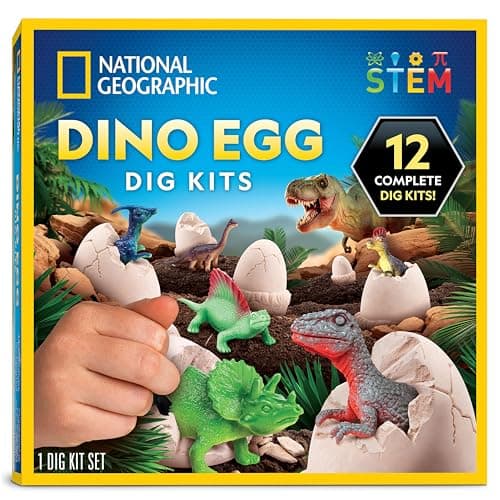 Image of National Geographic Dinosaur Dig Kit – 12 Dino Egg Shaped Dig Bricks with Dinosaur Figures Inside, Party Activity comes with 12 Excavation Tool Sets, Great STEM Toy for Boys and Girls