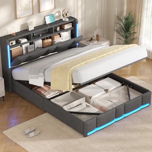 Image of AOGLLATI King Size Ottoman Bed Frame 150×200 cm with Hydraulic Storage, Charging Station & LED Lights, King Size bed frame with Storage Headboard, Sturdy Wood Slats, Dark Grey Linen (King-150x200cm)