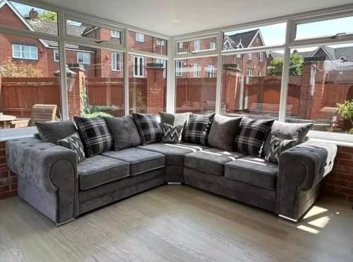 Image of Verona Chesterfield Corner Sofa Range | 2c2 3c2 2c1 and fabrics available | Corner Sofa Living Room UK Upholstered | Scatter Back | (5 Seater, 2c2 Corner, Grey)