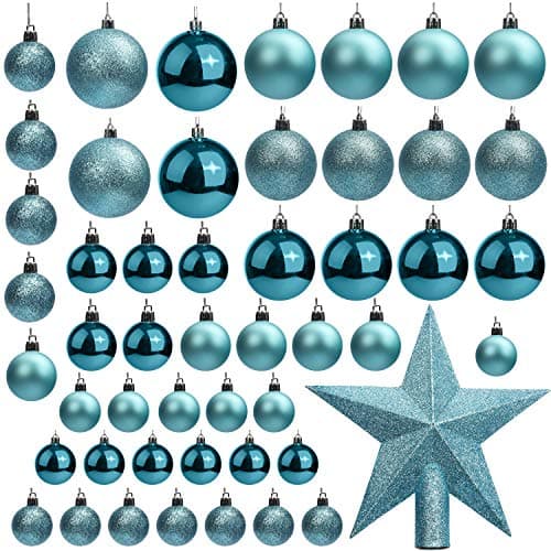 Image of Belle Vous 50 Pack Christmas Baubles - Assorted Size Glittery Blue Baubles with Star Tree Top - Xmas Tree Ball Hanging Ornaments for Christmas Decorations Holiday Party Indoor & Outdoor Decorations