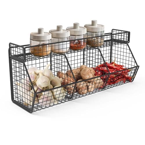 Image of CheurYae Wall-Mounted Hanging Kitchen Storage Baskets,Hanging Fruit Basket,3 Grids Kitchen Countertop Rack,Wall mounted Storage Baskets for Vegetables, Fruit, Bread