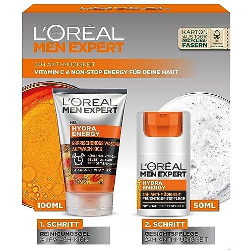 Image of L'Oréal Men Expert Tired Skin Care Set for Men, Gift Set with Wash Gel and Face Cream 24H Anti-Fatigue, Gifts for Men with Vitamin C, Hydra Energy, 1 x 100 ml, 1 x 50 ml
