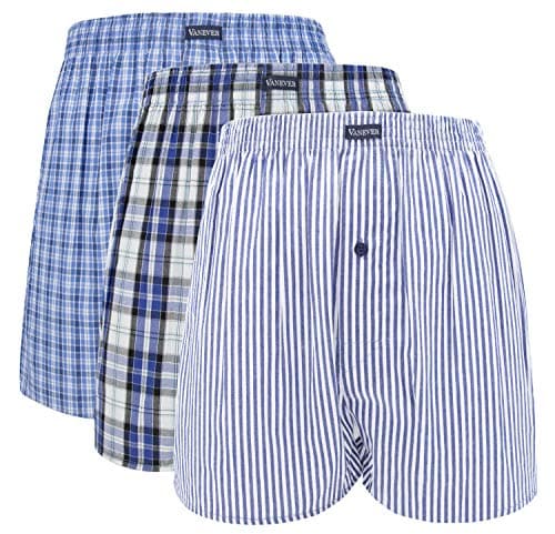 Image of VANEVER Cotton Mens Boxers Shorts Underwear, Woven Plaid Boxershorts, Mens Knit Boxer Briefs, Everyday Boxer Trunks, Loose Fit, Button Fly, 3 Packs, Blue Stripe XL