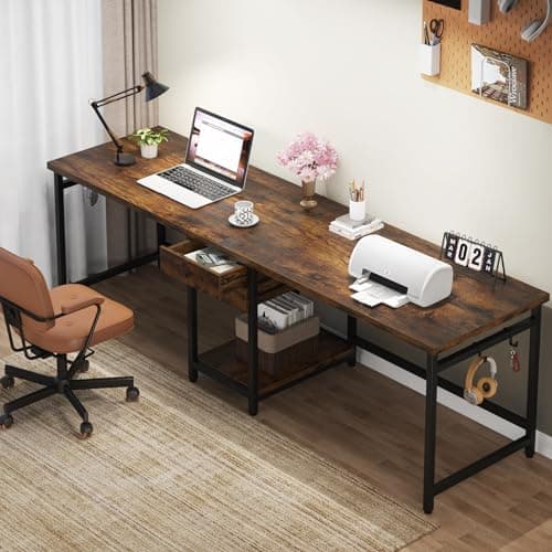Image of Tribesigns 200 cm Long Desk, Double Computer Desk with 2 Drawers, Two Person Desk Workstation with Storage Shelves, Writing Table Study Desk for Home Office, Rustic Brown