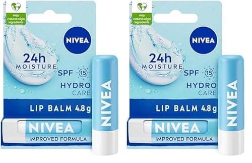 Image of NIVEA Lip Balm Hydro Care with SPF 15 (4.8g), Hydrating Lip Balm with Shea Butter, Natural Oils and Vitamins, Provides 24 Hour Moisture and Protection, Lip Care, 1 unit (Pack of 2)
