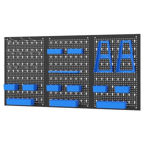 Image of TANGZON Pegboard Organizer Kit, Wall-Mounted Metal Tool Rack with 3 Pegboards & Hanging Accessories, Multifunctional Tool Storage Holder for Warehouse Workshop Garage (Black+Blue, 26PCS Accessories)
