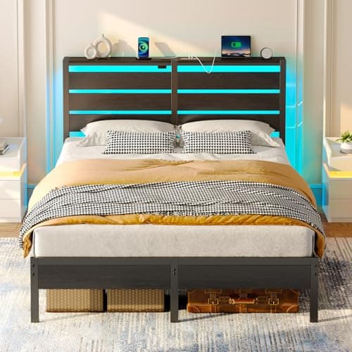 Image of Rolanstar 5ft King Size Bed Frame with LED Lights, 150x200cm Wood & Metal Bed with Headboard Storage Shelf, Integrated USB & Type-C Charging Station, Under-Bed Storage, Black