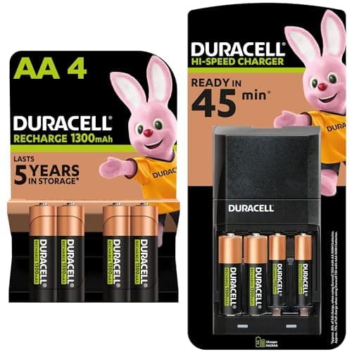 Image of Duracell Hi-Speed 45min Battery Charger with Rechargeable AA and AAA Batteries (Pack of 6 + 2), 1300mAh NiMH, 750mAh NiMH, pre-charged, Longest Lasting Power