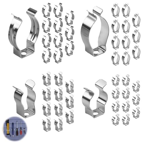 Image of ElvenJoy 48Pcs Spring Clips, Spring Terry Clips for Hanging Tools, Assorted Various Size Wall Mounted Tool Garden Tool Hooks, Wall Mounted Metal Spring C-Lips for Organising Shed Garage Brooms Rakes