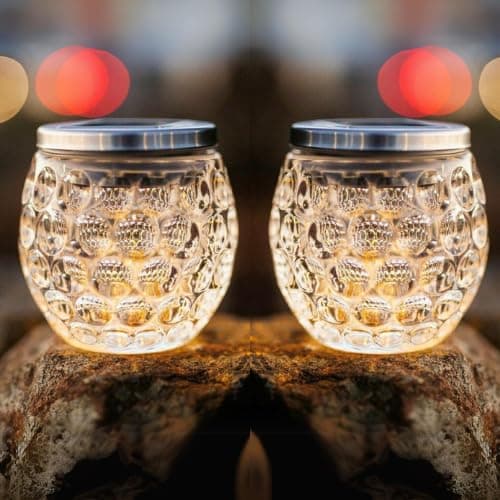 Image of Garden Mile® 2x Glass Jar Solar Lights Outdoor Tabletop Lighting, Decorative Patio Table Lamp Garden Lighting Warm White LED Lights Solar Glass Jar Lights Garden Ornaments.