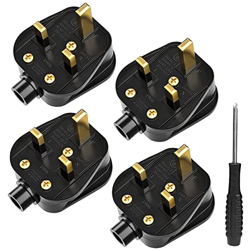 Image of UK Plugs with 13 AMP Fused, 3 pin Mains Plug with Cord Grip Rewireable Heavy Duty Electrical Plug, Rubber Composite Plug, 4 Pack - Black