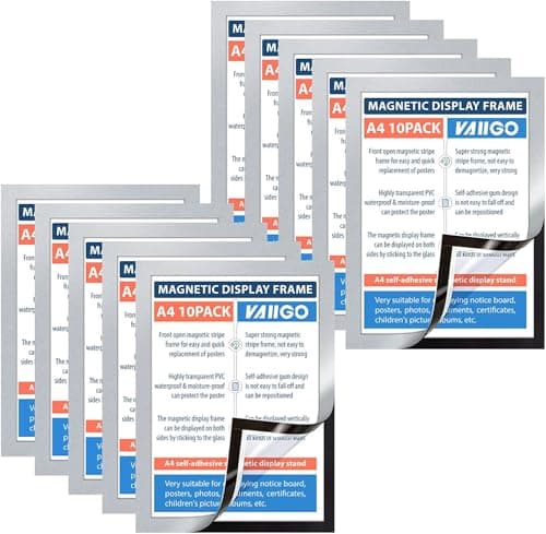 Image of VAIIGO A4 Self Adhesive Magnetic Display Frame, Magnetic Paper Holder for License, Photos, Documents (10Pack, Silver)