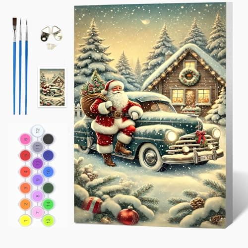 Image of Auremi Christmas Truck Paint by Numbers Kits Kids Adults, Santa Claus Painting by Number Kits On Canvas,Framed DIY Color Oil Painting Acrylic Paints,Home Wall Decor 20x30cm