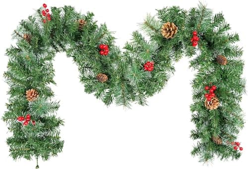 Image of 9FT/2.7m Christmas Garland, Uten Fireplace Garland Christmas, Green Christmas Garland with Pine Needles, Pine Cones Red Berries Artificial Wreath Garland for Fireplace Stairs Door Xmas Tree Decor