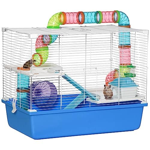 Image of PawHut Hamster Cage, Gerbil Cage 3 Tier for Dwarf Hamster with Tube, Exercise Wheel, Water Bottle, Food Dish 59 x 36 x 47 cm- Blue