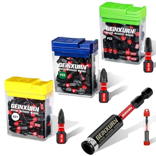 Image of Geinxurn Impact Pozidriv Screwdriver Bits Set, 90Pcs 25 mm Magnetic (PZ1/PZ2/PZ3) S2 Steel 1/4” Hex Shank Multi Drill Driver Bits and 1PC 75 mm Bit Holder with Storage Colorful Box