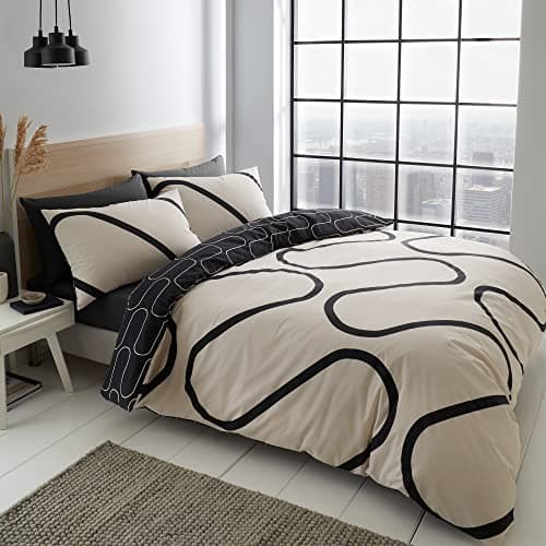 Image of Catherine Lansfield Linear Curve Geometric Easy Care Duvet Set, Black