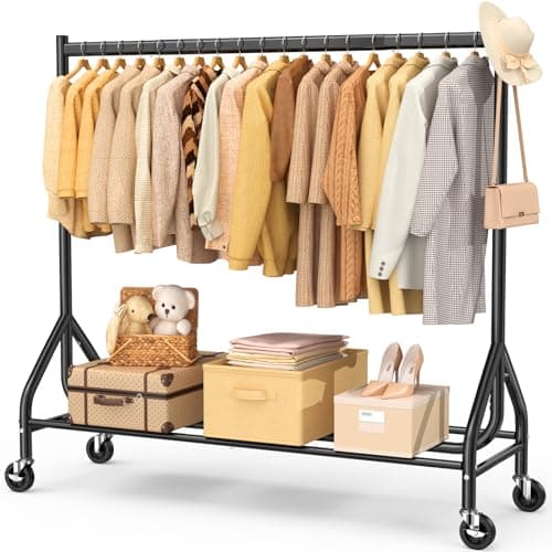 Image of EAGMAK Heavy Duty Clothes Rail Load 180 KG, 150 cm Rolling Garment Rail with Lockable Wheels, Standing Metal Clothing Rack, Portable Wardrobe Rack Sturdy Coat Hanging Rail for Hanging Clothes (Black)