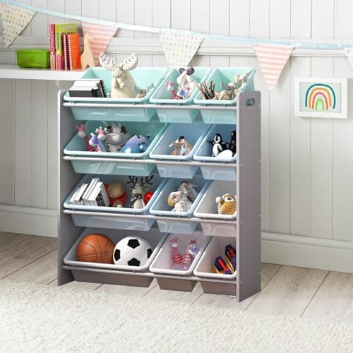 Image of DEZYN - Kids Storage Unit Toy Box Organiser Bookshelf With Removable Baskets, for Bedroom, Nursery, Playroom (Grey Wood With Blue Bins)