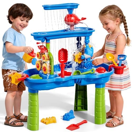 Image of KukuFun Sand and Water Table for Toddlers, 3-Tier Water Tables with Beach Fun Sand Toy for Kids Ages 4-8, Summer Outdoor Toys Water Playset for Toddler Boys Girls Ages 2 3 4 5 6 7 8