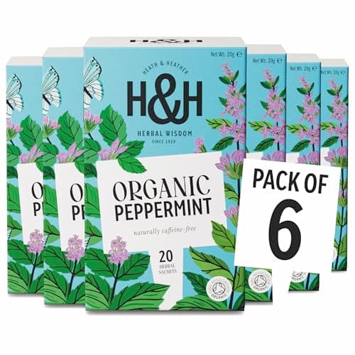 Image of Heath & Heather - Organic Peppermint Tea • Crisp Herbal Infusion for Digestive Comfort • Naturally Caffeine-Free • Vegan • Invigorating Mint Wellness • Multipack 6 x 20 Boxes (120 Tea Bags)